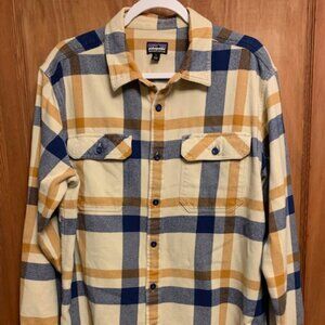 Patagonia Button-up Winter/Fall shirt, Large, Cream, Yellow, and Dark Blue